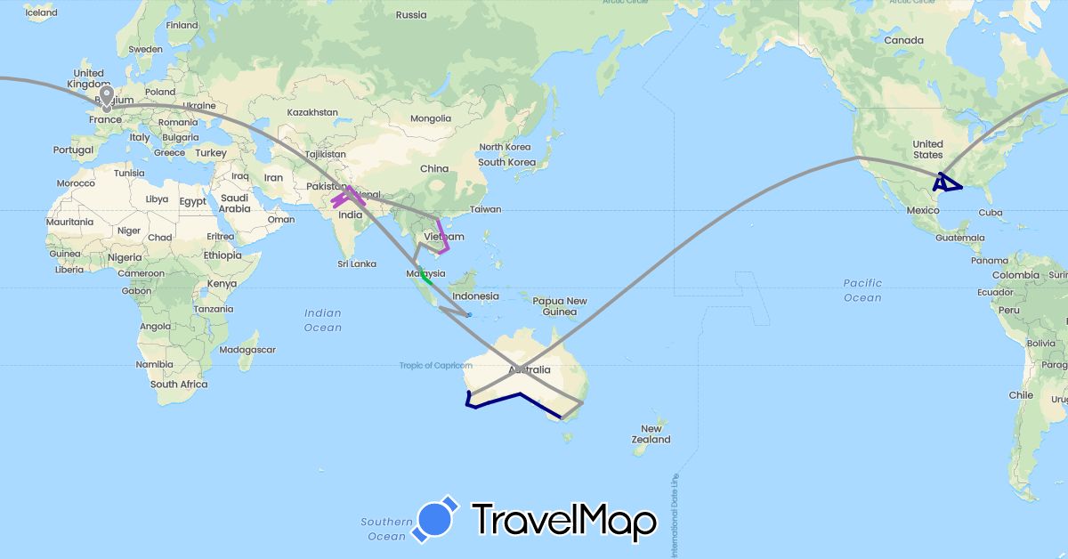 TravelMap itinerary: driving, bus, plane, train, boat in Australia, France, Indonesia, India, Malaysia, Singapore, Thailand, United States, Vietnam (Asia, Europe, North America, Oceania)
